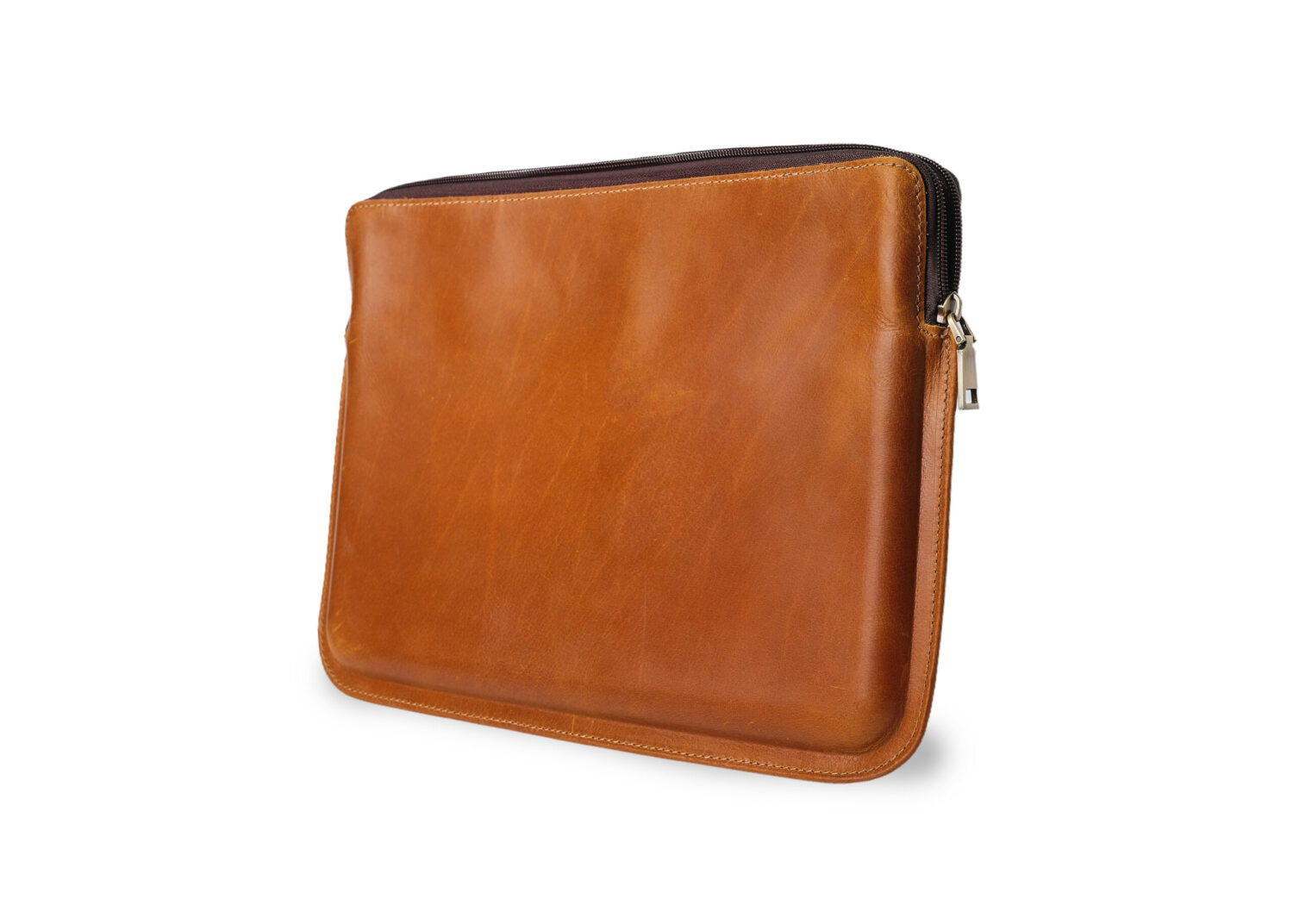 A brown leather pouch with zipper